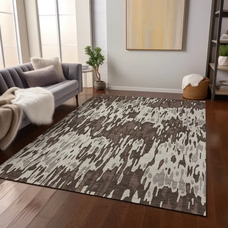 9' X 12' Brown Beige And Gray Striped Washable Indoor Outdoor Area Rug