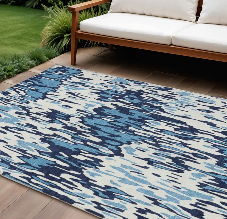 8' X 10' Blue Aqua And Ivory Striped Washable Indoor Outdoor Area Rug