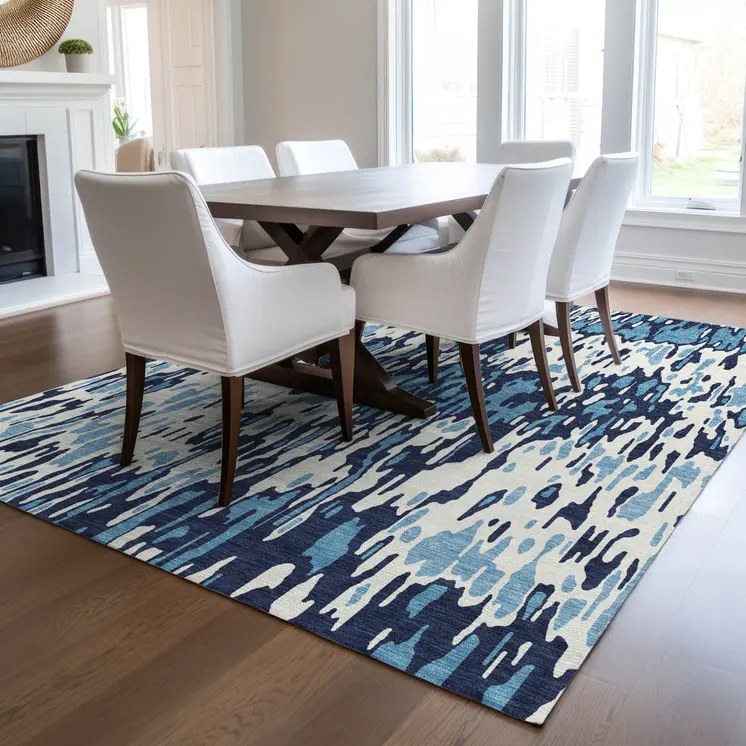10' X 14' Blue Aqua And Ivory Striped Washable Indoor Outdoor Area Rug
