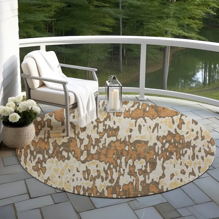 8' Copper Gold And Ivory Round Striped Washable Indoor Outdoor Area Rug