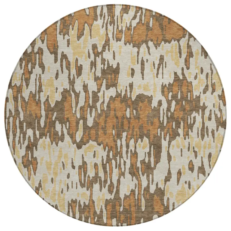 8' Copper Gold And Ivory Round Striped Washable Indoor Outdoor Area Rug