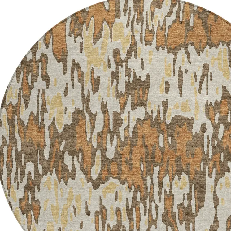 8' Copper Gold And Ivory Round Striped Washable Indoor Outdoor Area Rug