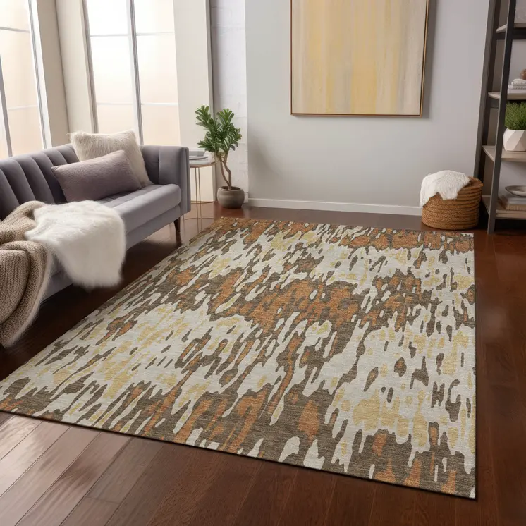 10' X 14' Copper Gold And Ivory Striped Washable Indoor Outdoor Area Rug