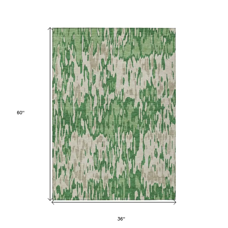 3' X 5' Green And Gray Striped Washable Indoor Outdoor Area Rug