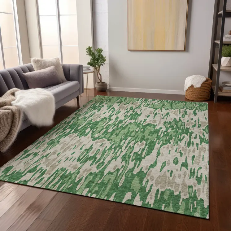 5' X 8' Green And Gray Striped Washable Indoor Outdoor Area Rug