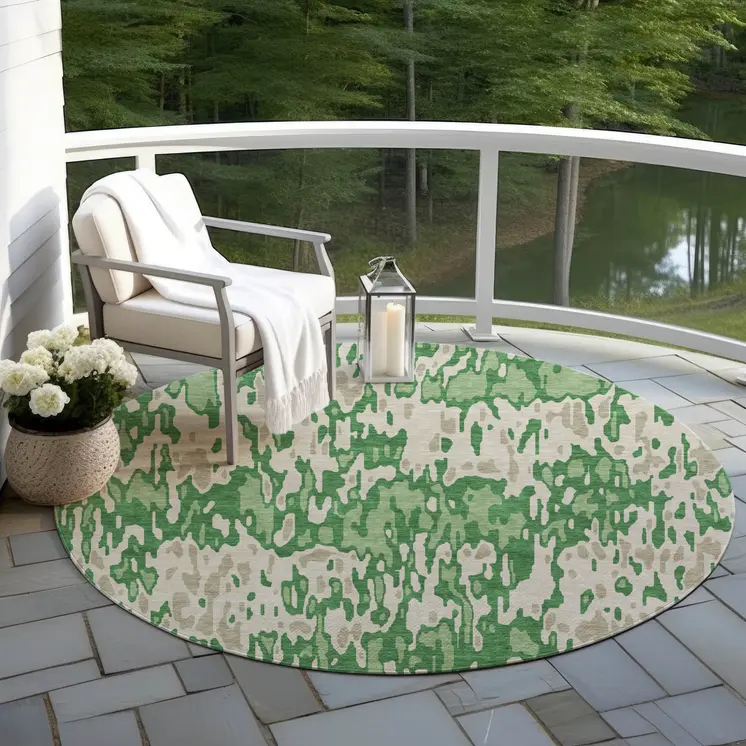 8' Green And Gray Round Striped Washable Indoor Outdoor Area Rug