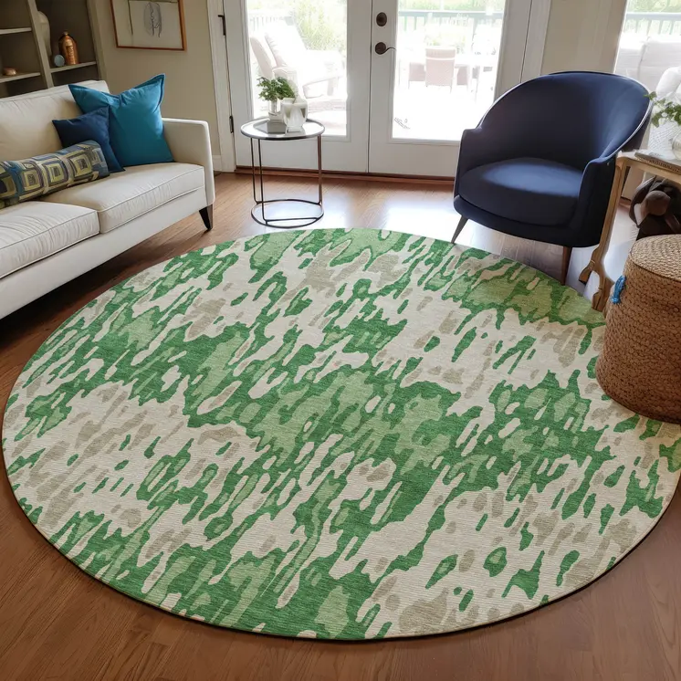 8' Green And Gray Round Striped Washable Indoor Outdoor Area Rug