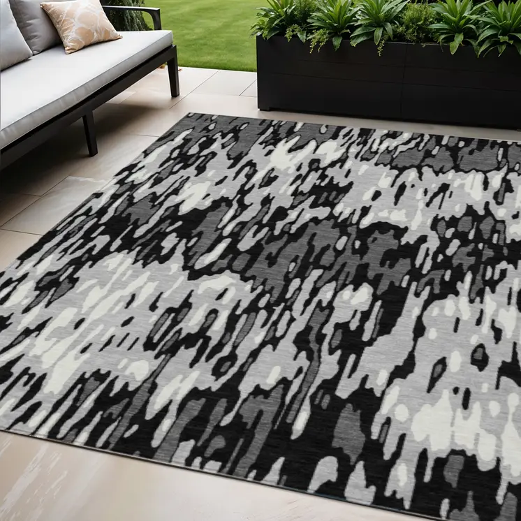 5' X 8' Gray Black And Ivory Striped Washable Indoor Outdoor Area Rug
