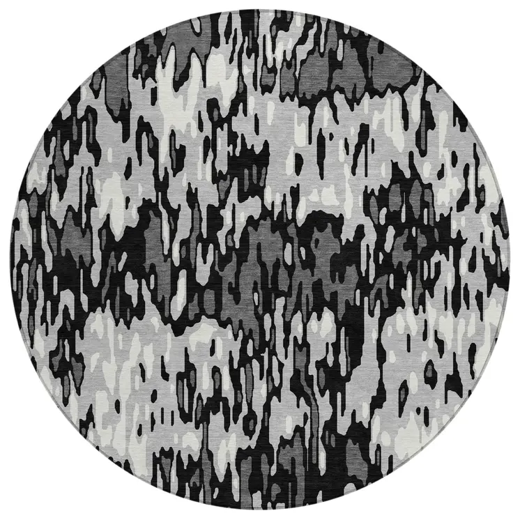 8' Gray Black And Ivory Round Striped Washable Indoor Outdoor Area Rug