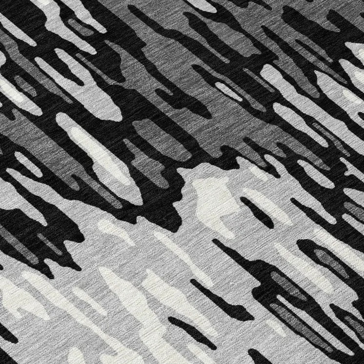 8' Gray Black And Ivory Round Striped Washable Indoor Outdoor Area Rug
