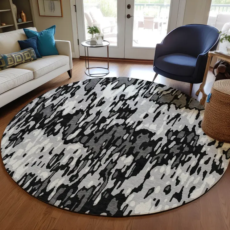 8' Gray Black And Ivory Round Striped Washable Indoor Outdoor Area Rug