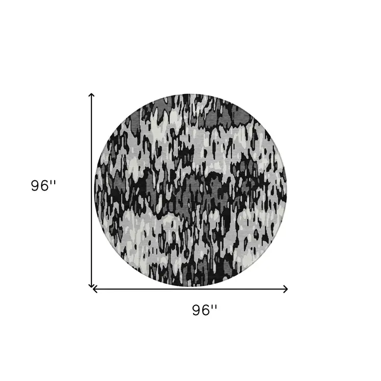 8' Gray Black And Ivory Round Striped Washable Indoor Outdoor Area Rug