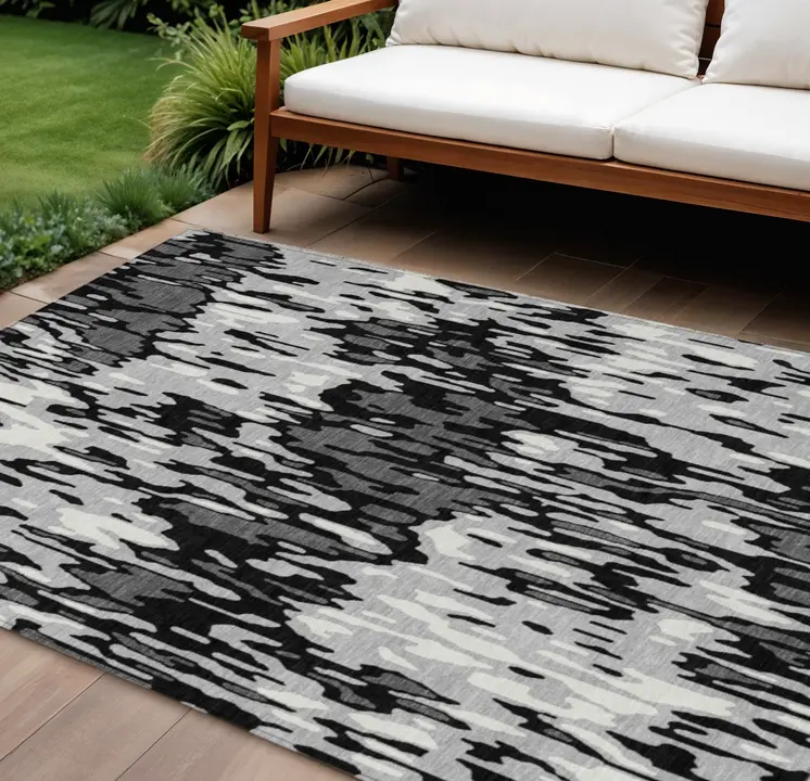 8' X 10' Gray Black And Ivory Striped Washable Indoor Outdoor Area Rug