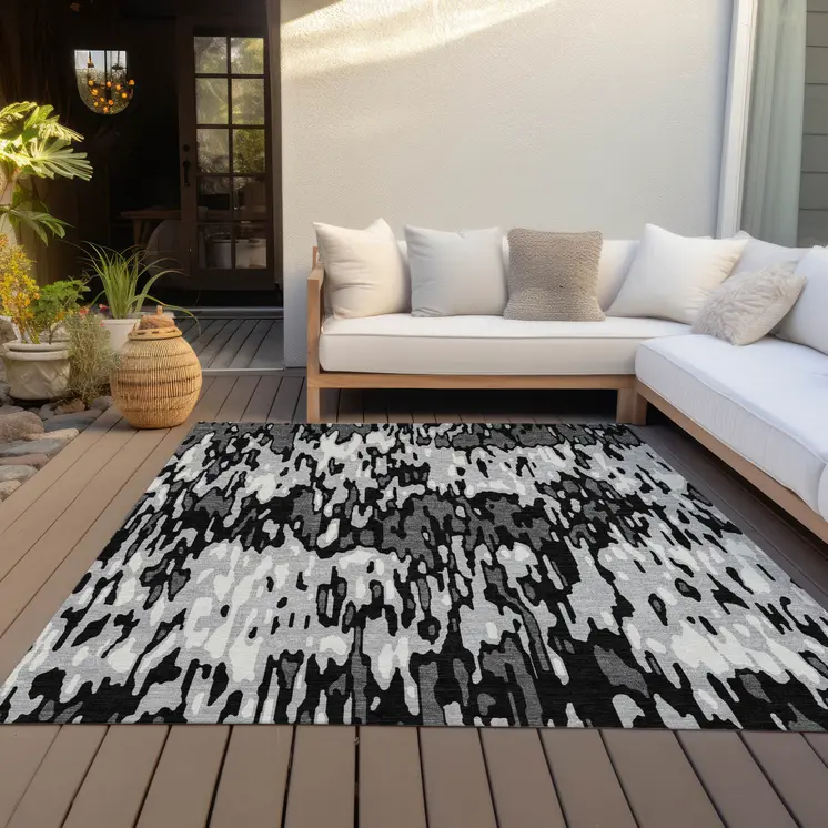 8' X 10' Gray Black And Ivory Striped Washable Indoor Outdoor Area Rug