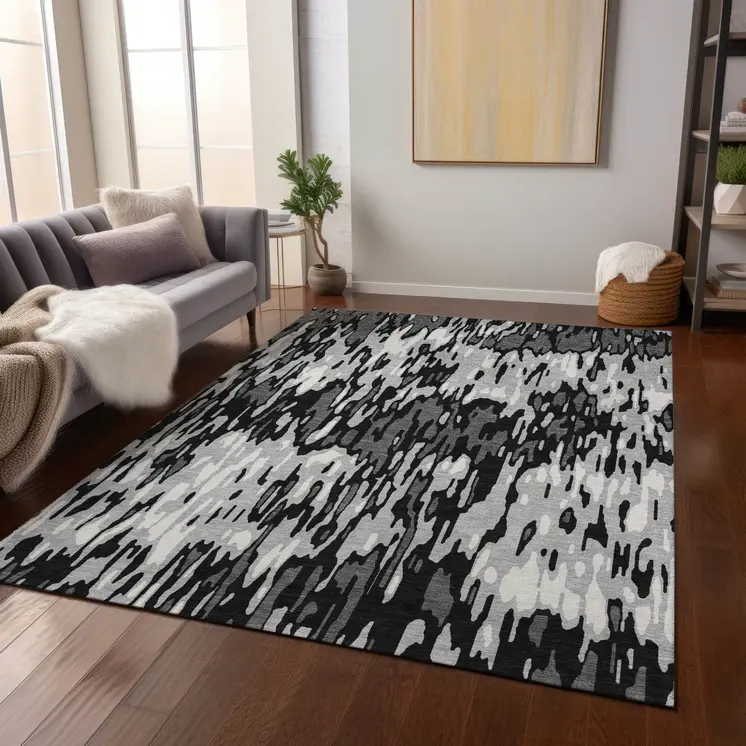 8' X 10' Gray Black And Ivory Striped Washable Indoor Outdoor Area Rug