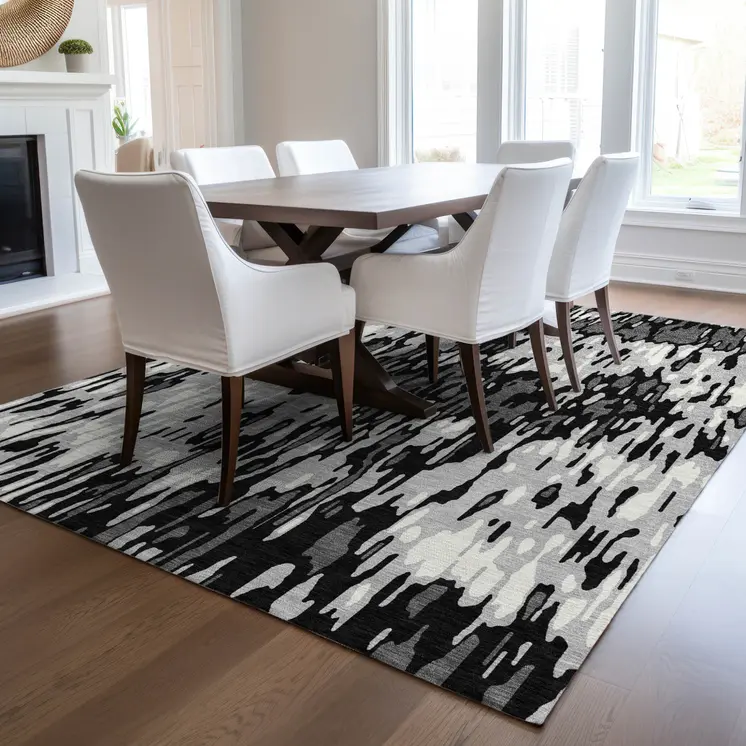 8' X 10' Gray Black And Ivory Striped Washable Indoor Outdoor Area Rug