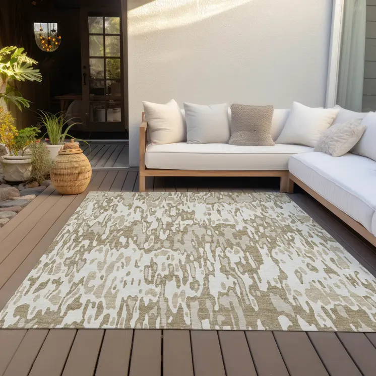 5' X 8' Ivory Brown And Beige Striped Washable Indoor Outdoor Area Rug