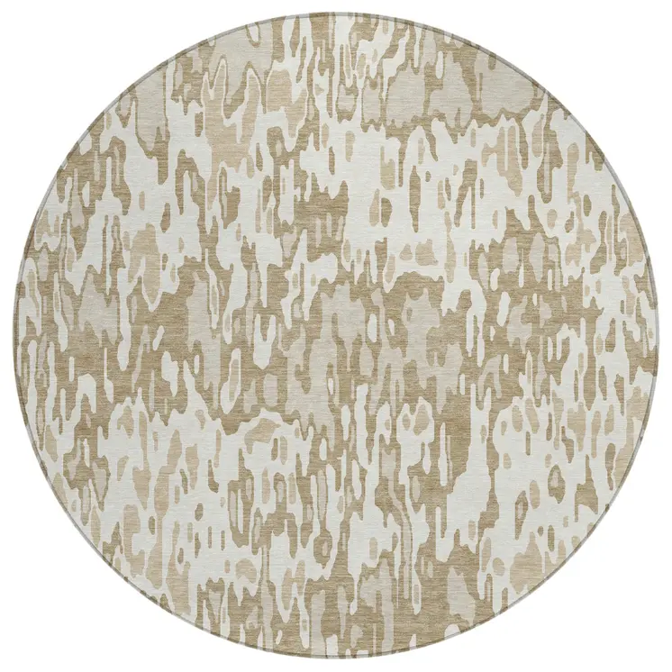 8' Ivory Brown And Beige Round Striped Washable Indoor Outdoor Area Rug