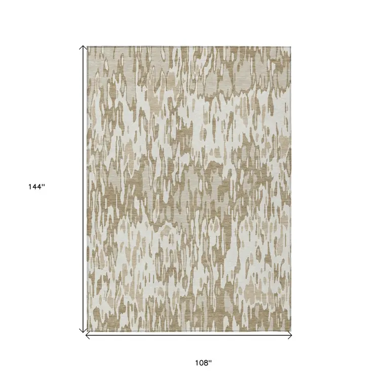 9' X 12' Ivory Brown And Beige Striped Washable Indoor Outdoor Area Rug
