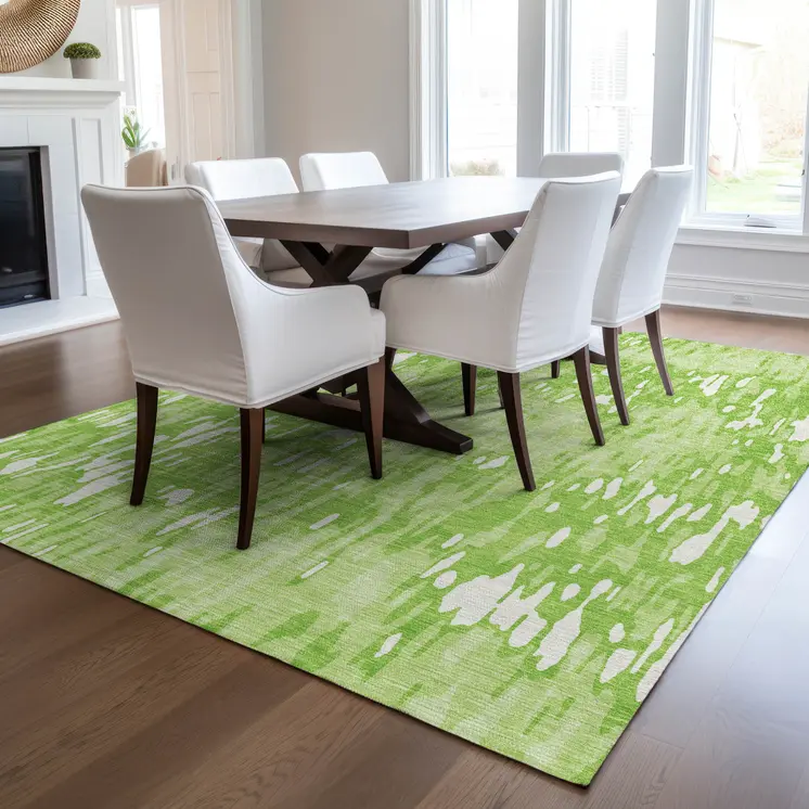5' X 8' Lime Green And Ivory Striped Washable Indoor Outdoor Area Rug