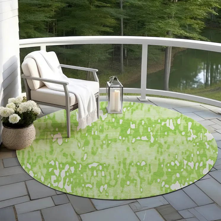 8' Lime Green And Ivory Round Striped Washable Indoor Outdoor Area Rug