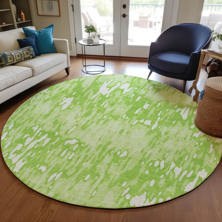 8' Lime Green And Ivory Round Striped Washable Indoor Outdoor Area Rug