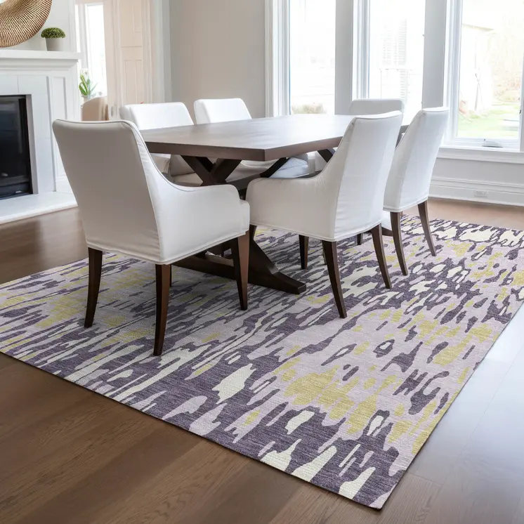 5' X 8' Purple Gold And Ivory Striped Washable Indoor Outdoor Area Rug