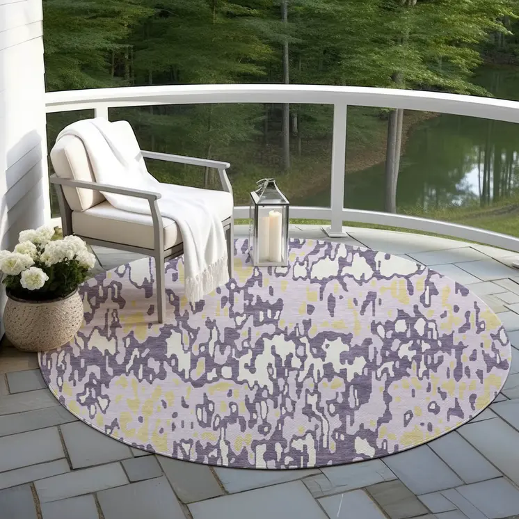 8' Purple Gold And Ivory Round Striped Washable Indoor Outdoor Area Rug