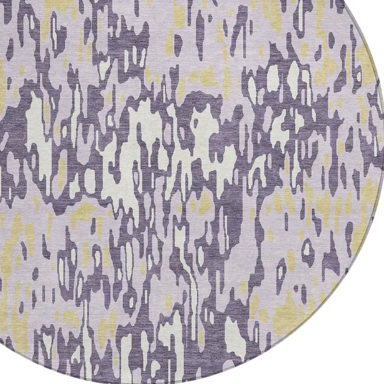 8' Purple Gold And Ivory Round Striped Washable Indoor Outdoor Area Rug