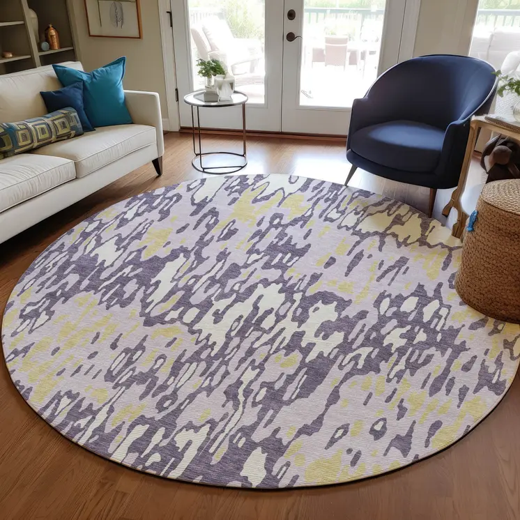 8' Purple Gold And Ivory Round Striped Washable Indoor Outdoor Area Rug