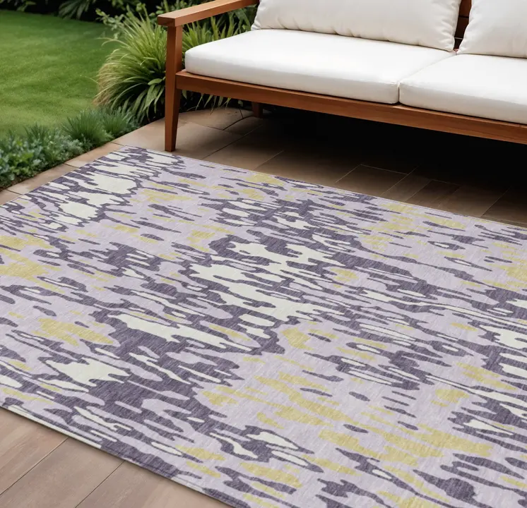 10' X 14' Purple Gold And Ivory Striped Washable Indoor Outdoor Area Rug