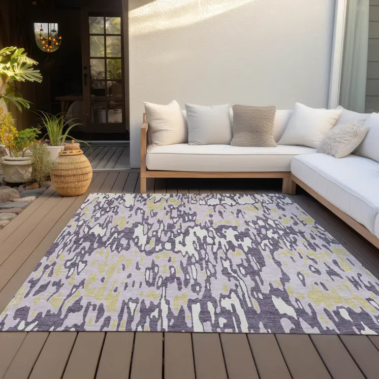 10' X 14' Purple Gold And Ivory Striped Washable Indoor Outdoor Area Rug