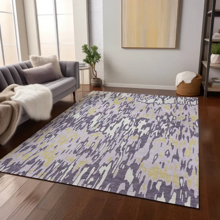 10' X 14' Purple Gold And Ivory Striped Washable Indoor Outdoor Area Rug
