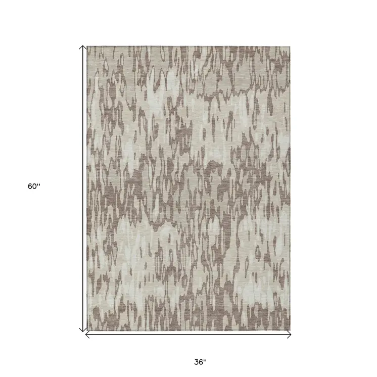 3' X 5' Ivory Beige And Brown Striped Washable Indoor Outdoor Area Rug