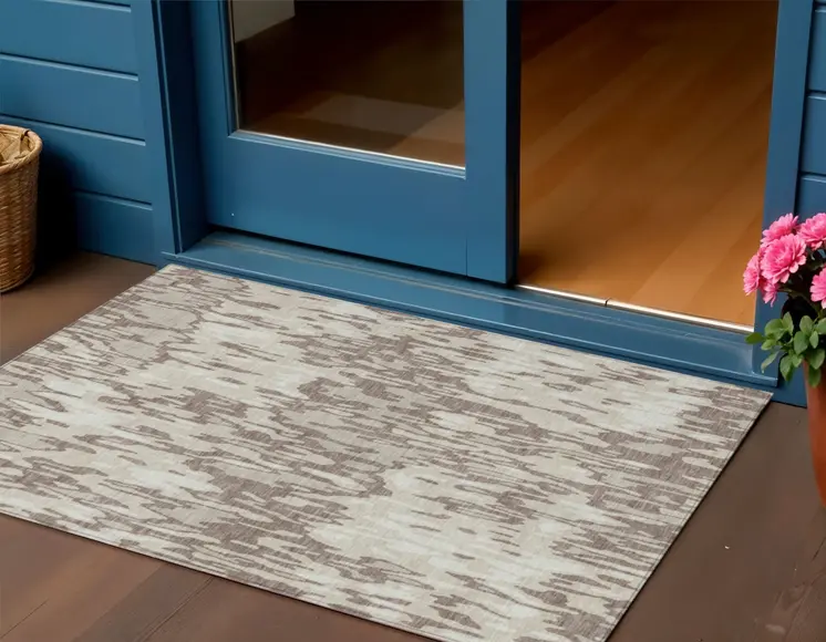 3' X 5' Ivory Beige And Brown Striped Washable Indoor Outdoor Area Rug