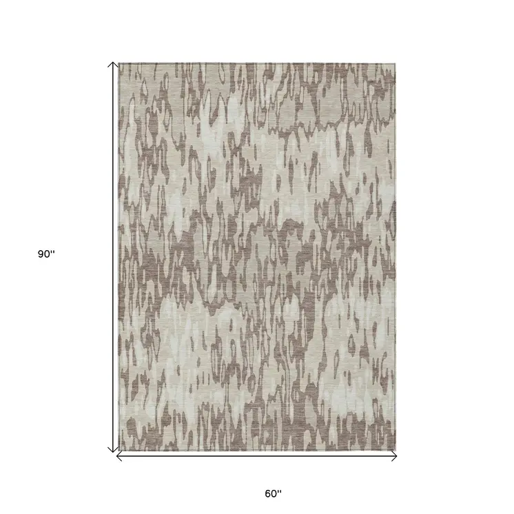 5' X 8' Ivory Beige And Brown Striped Washable Indoor Outdoor Area Rug