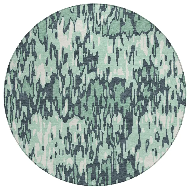 8' Sage Black And Ivory Round Striped Washable Indoor Outdoor Area Rug