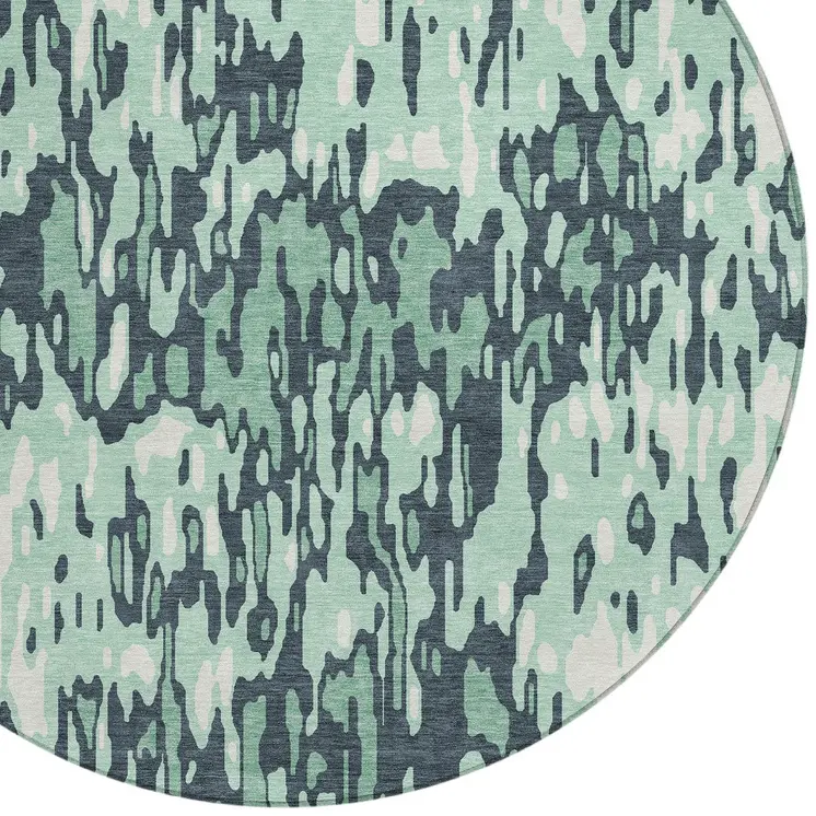 8' Sage Black And Ivory Round Striped Washable Indoor Outdoor Area Rug
