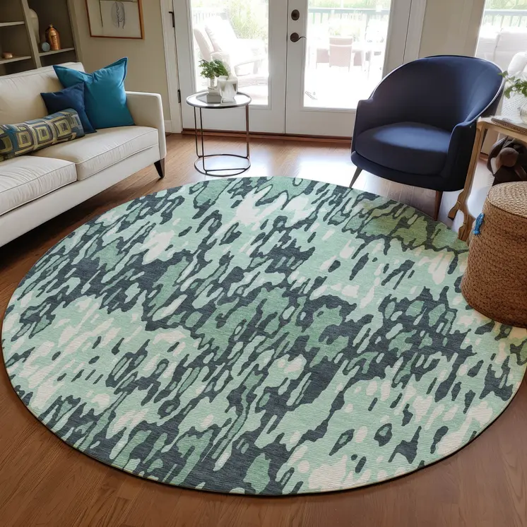 8' Sage Black And Ivory Round Striped Washable Indoor Outdoor Area Rug