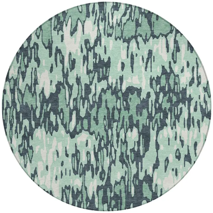 8' Sage Black And Ivory Round Striped Washable Indoor Outdoor Area Rug