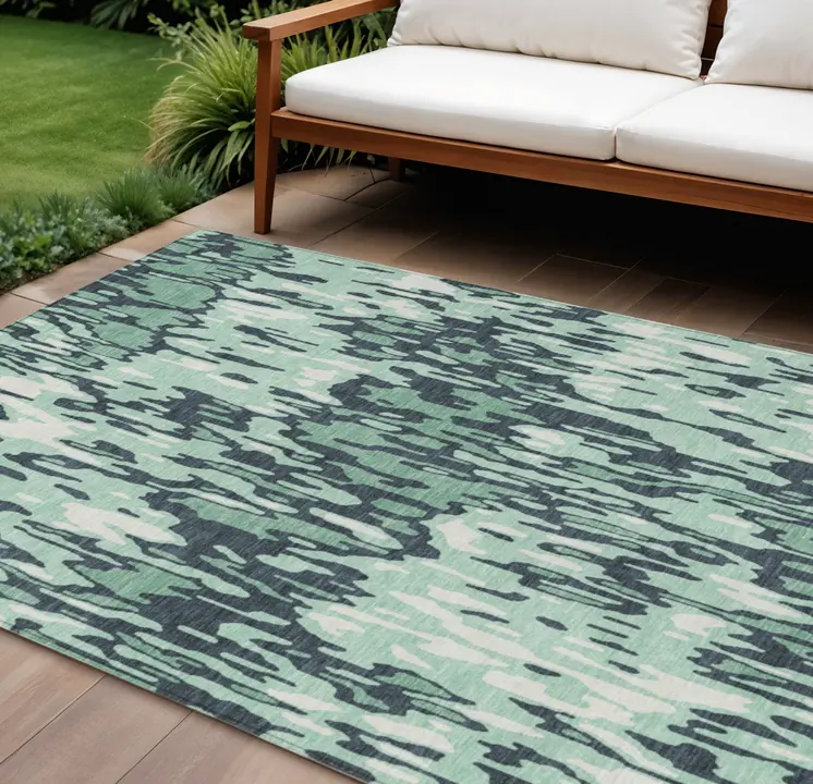 8' X 10' Sage Black And Ivory Striped Washable Indoor Outdoor Area Rug