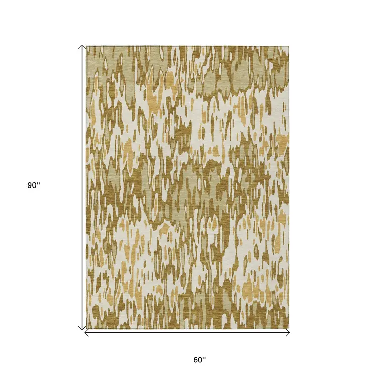 5' X 8' Wheat Gold And Beige Striped Washable Indoor Outdoor Area Rug
