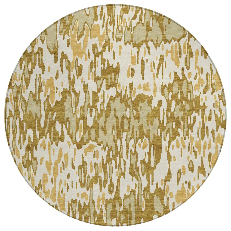 8' Wheat Gold And Beige Round Striped Washable Indoor Outdoor Area Rug