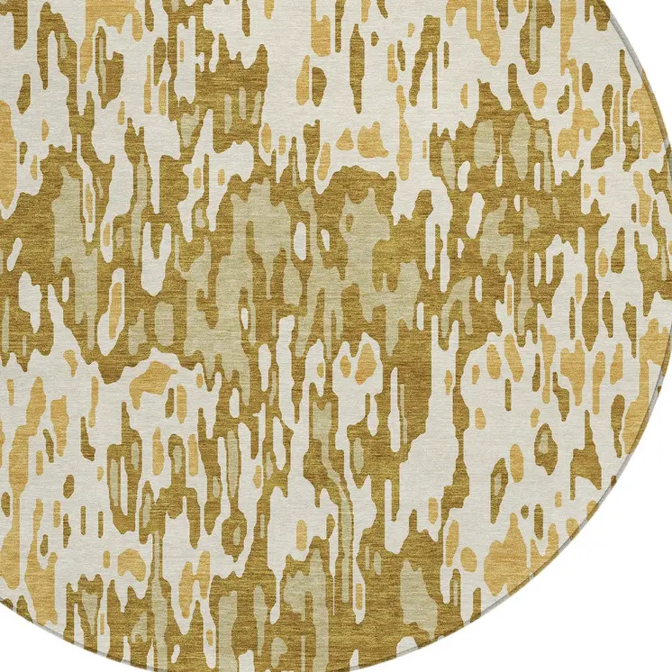 8' Wheat Gold And Beige Round Striped Washable Indoor Outdoor Area Rug