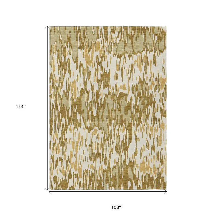 9' X 12' Wheat Gold And Beige Striped Washable Indoor Outdoor Area Rug
