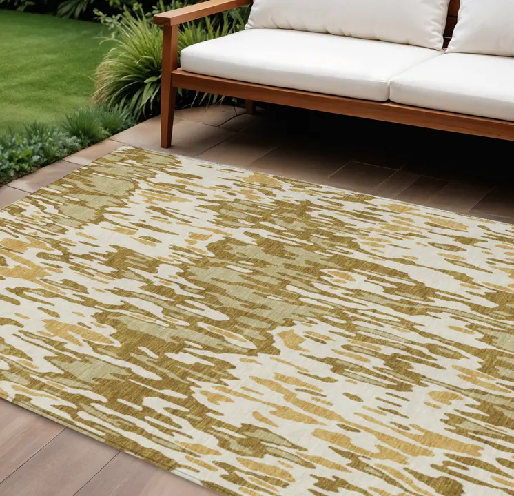 10' X 14' Wheat Gold And Beige Striped Washable Indoor Outdoor Area Rug