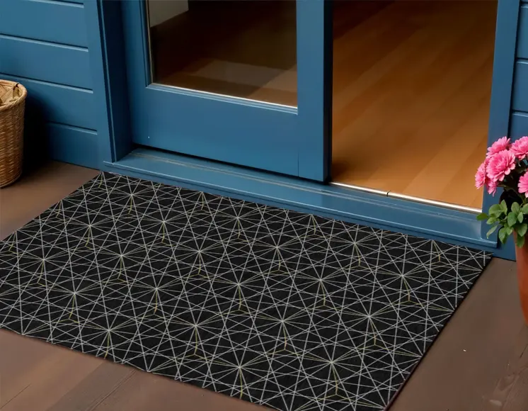 3' X 5' Black And Ivory Geometric Washable Indoor Outdoor Area Rug