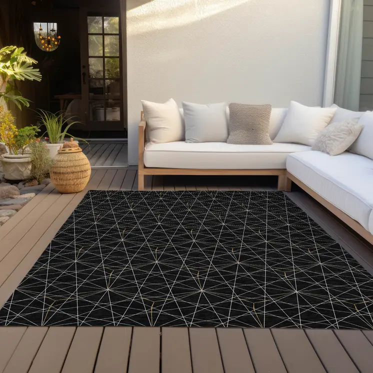 3' X 5' Black And Ivory Geometric Washable Indoor Outdoor Area Rug
