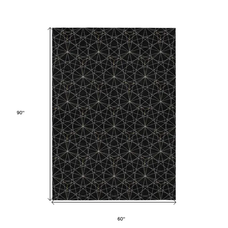 5' X 8' Black And Ivory Geometric Washable Indoor Outdoor Area Rug