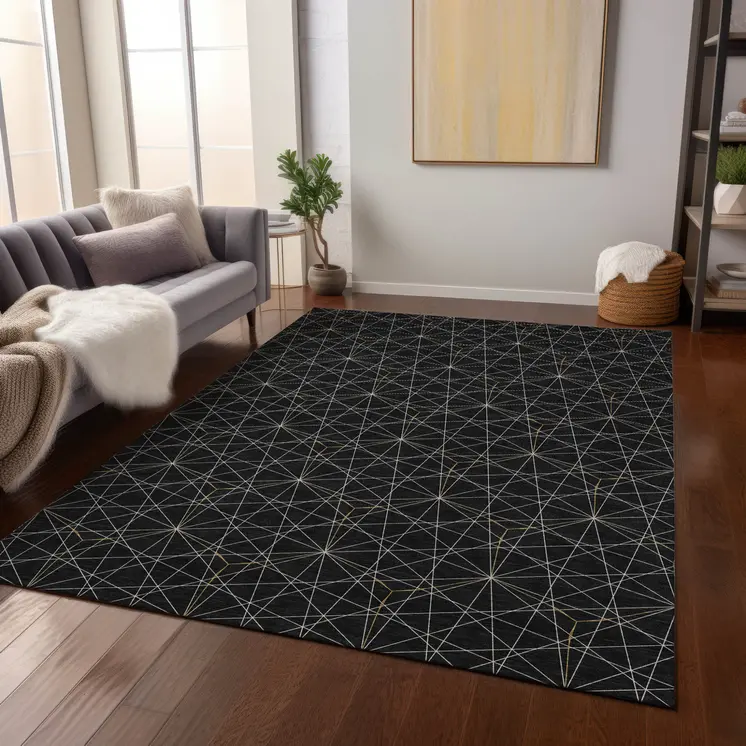 5' X 8' Black And Ivory Geometric Washable Indoor Outdoor Area Rug